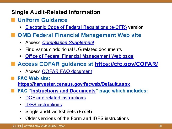 Single Audit-Related Information Uniform Guidance • Electronic Code of Federal Regulations (e-CFR) version OMB Single Audit-Related Information Uniform Guidance • Electronic Code of Federal Regulations (e-CFR) version OMB