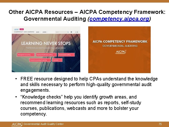 Other AICPA Resources – AICPA Competency Framework: Governmental Auditing (competency. aipca. org) • FREE Other AICPA Resources – AICPA Competency Framework: Governmental Auditing (competency. aipca. org) • FREE