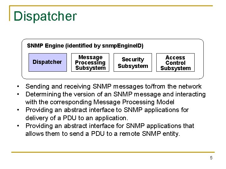 Dispatcher SNMP Engine (identified by snmp. Engine. ID) Dispatcher Message Processing Subsystem Security Subsystem