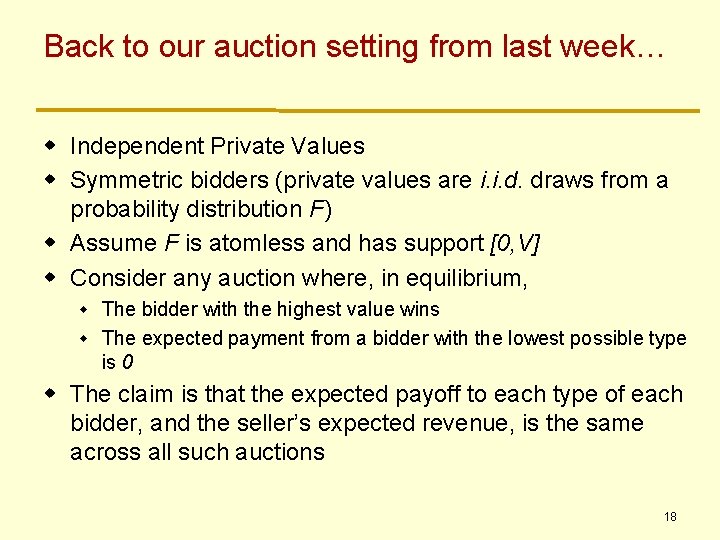 Back to our auction setting from last week… w Independent Private Values w Symmetric Back to our auction setting from last week… w Independent Private Values w Symmetric