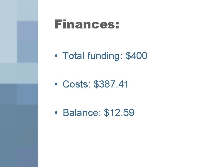 Finances: • Total funding: $400 • Costs: $387. 41 • Balance: $12. 59 