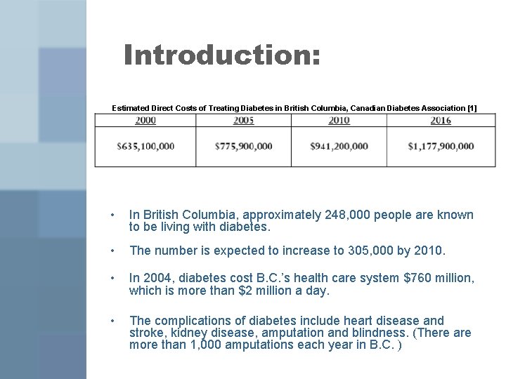 Introduction: Estimated Direct Costs of Treating Diabetes in British Columbia, Canadian Diabetes Association [1]