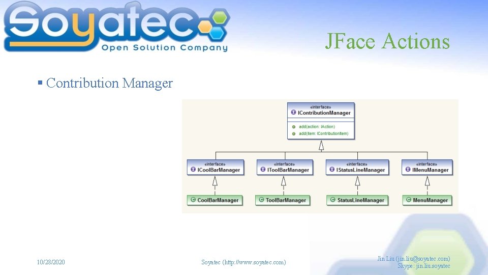 JFace Actions § Contribution Manager 10/28/2020 Soyatec (http: //www. soyatec. com) Jin Liu (jin.