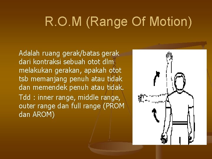 R. O. M (Range Of Motion) Adalah ruang gerak/batas gerak dari kontraksi sebuah otot