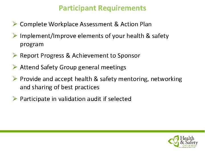 Participant Requirements Ø Complete Workplace Assessment & Action Plan Ø Implement/Improve elements of your