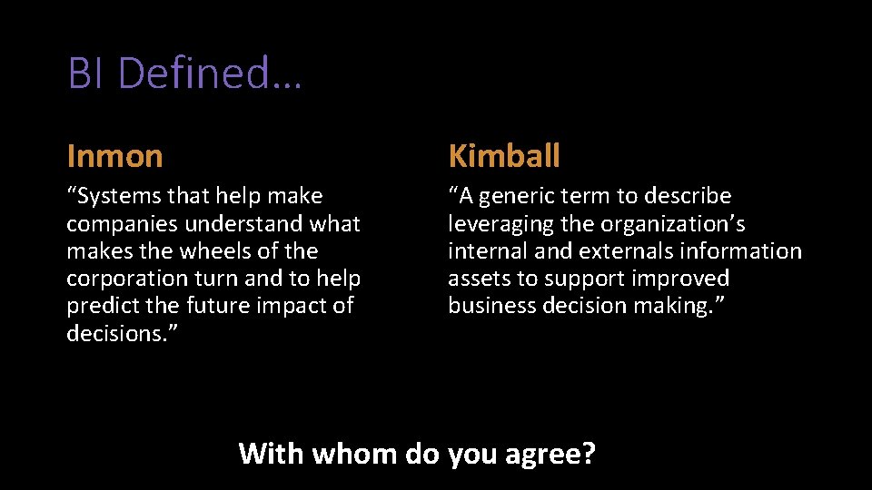 BI Defined… Inmon Kimball “Systems that help make companies understand what makes the wheels