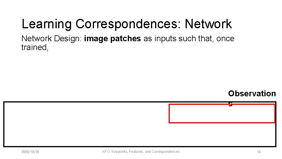 Learning Correspondences: Network Design: image patches as inputs such that, once trained, Observation s