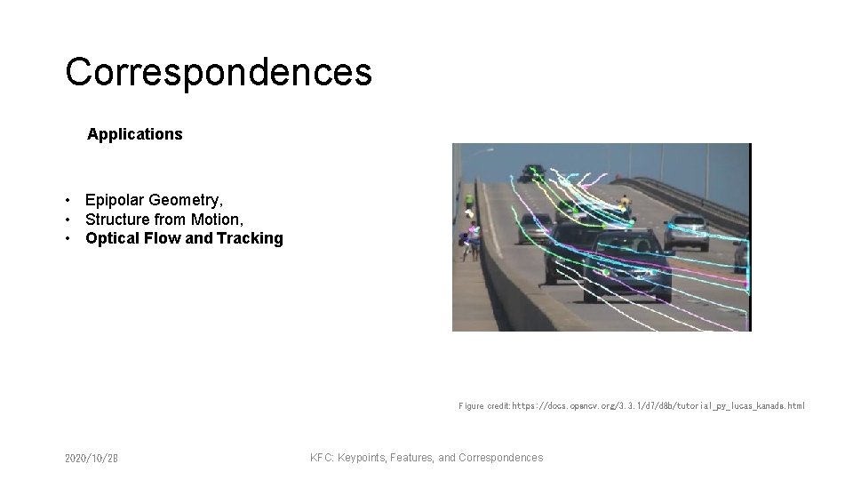 Correspondences Applications • Epipolar Geometry, • Structure from Motion, • Optical Flow and Tracking