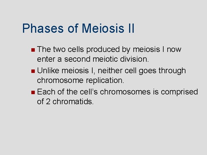 Phases of Meiosis II The two cells produced by meiosis I now enter a