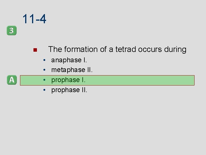 11 -4 The formation of a tetrad occurs during • • anaphase I. metaphase