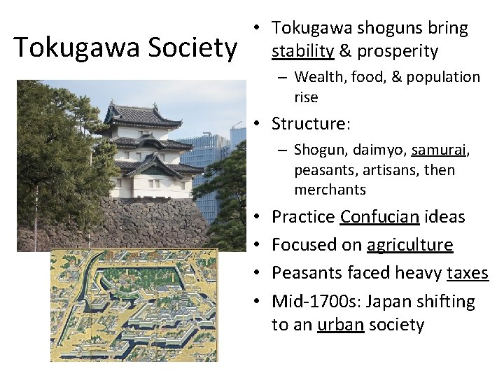 Tokugawa Society • Tokugawa shoguns bring stability & prosperity – Wealth, food, & population