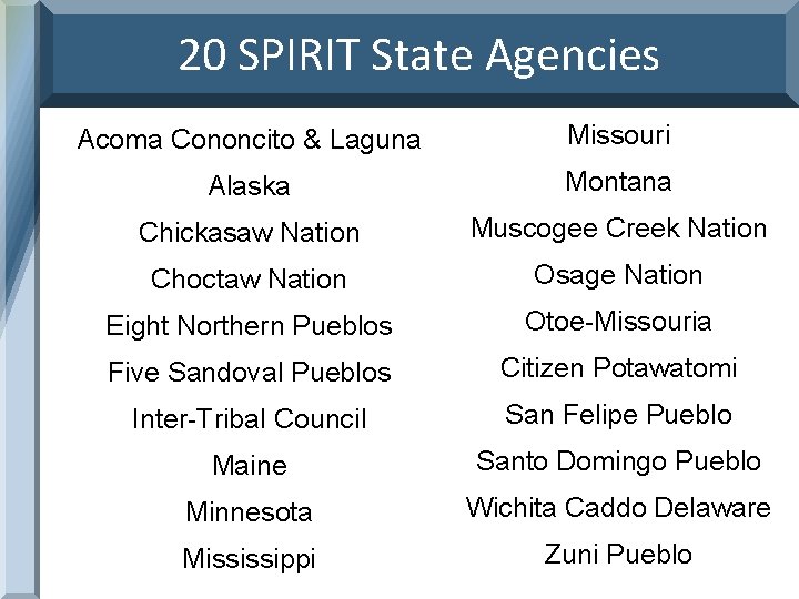 20 SPIRIT State Agencies Acoma Cononcito & Laguna Missouri Alaska Montana Chickasaw Nation Muscogee