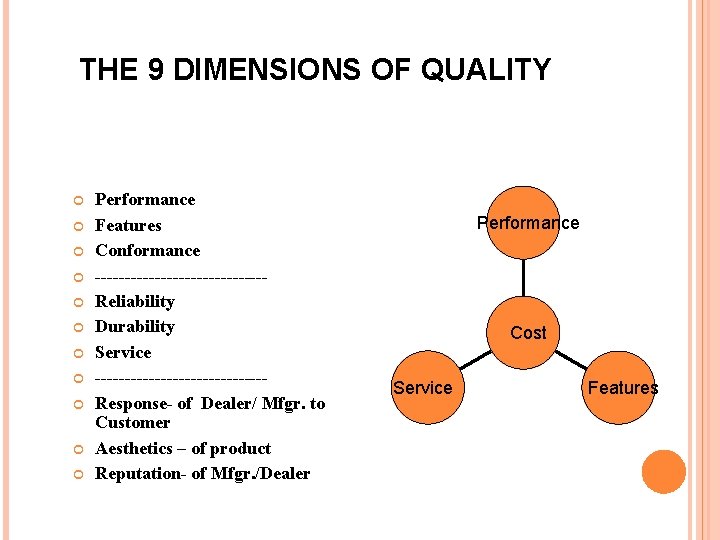 THE 9 DIMENSIONS OF QUALITY Performance Features Conformance --------------Reliability Durability Service --------------Response- of Dealer/