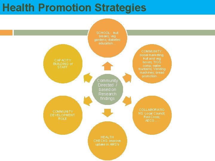 Health Promotion Strategies SCHOOL: fruit breaks; veg gardens; diabetes education… COMMUNITY: social marketing; fruit