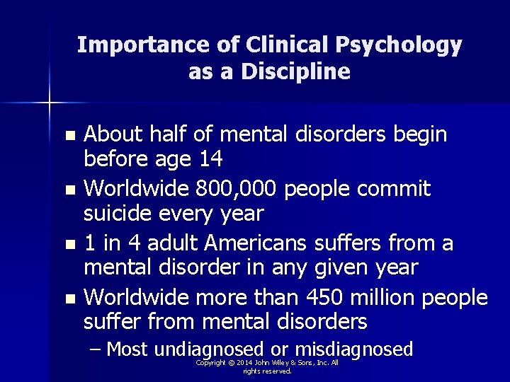 Importance of Clinical Psychology as a Discipline About half of mental disorders begin before