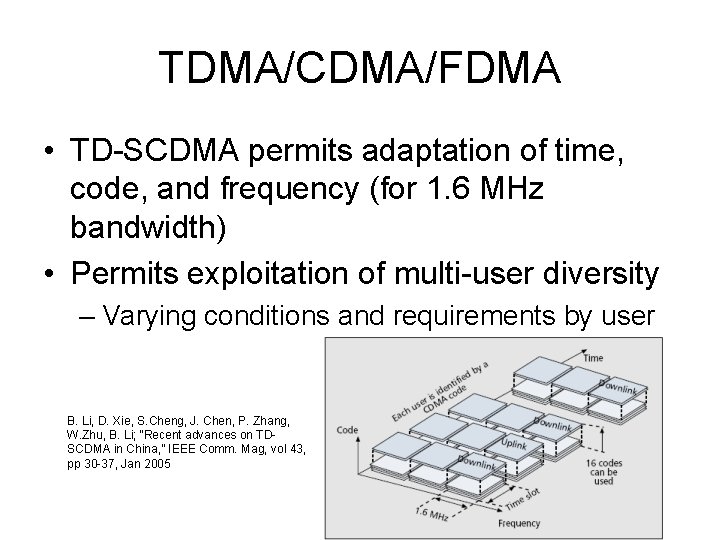 TDMA/CDMA/FDMA • TD-SCDMA permits adaptation of time, code, and frequency (for 1. 6 MHz