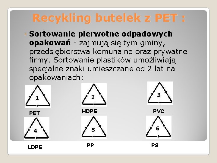Recykling butelek z PET : ◦ Sortowanie pierwotne odpadowych opakowań - zajmują się tym