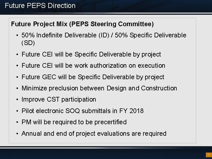 Future PEPS Direction Future Project Mix (PEPS Steering Committee) • 50% Indefinite Deliverable (ID)