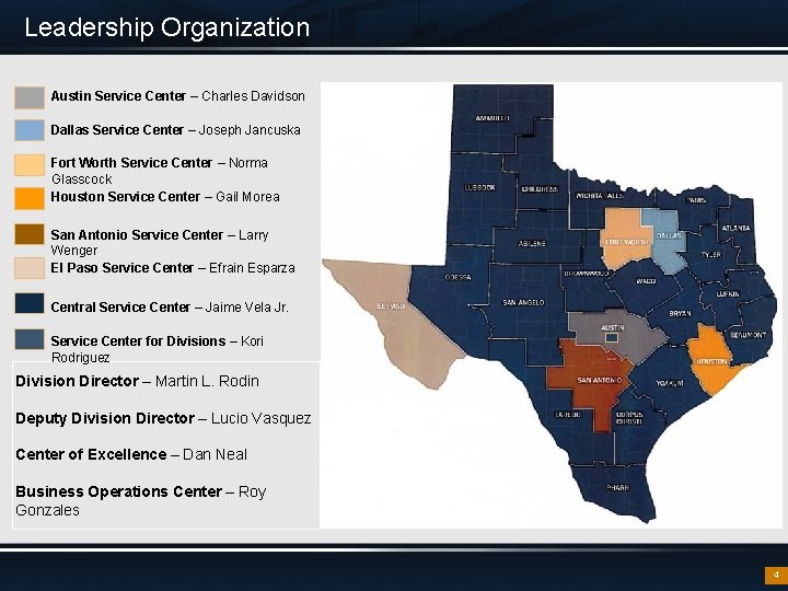 Leadership Organization Austin Service Center – Charles Davidson Dallas Service Center – Joseph Jancuska