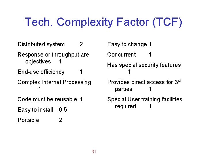 Applied Software Project Management Tech. Complexity Factor (TCF) Distributed system 2 Easy to change