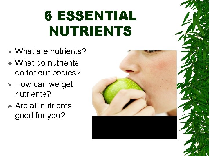 6 ESSENTIAL NUTRIENTS What are nutrients? What do nutrients do for our bodies? How