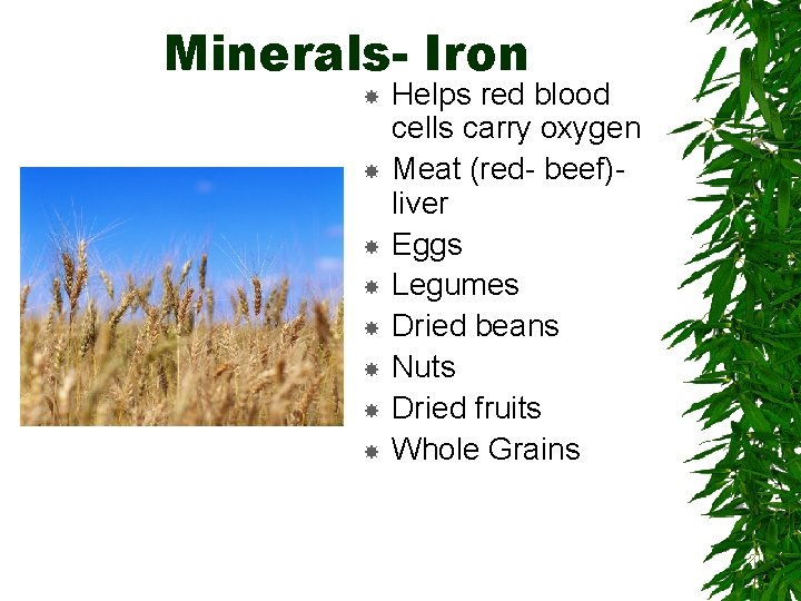 Minerals- Iron Helps red blood cells carry oxygen Meat (red- beef)liver Eggs Legumes Dried
