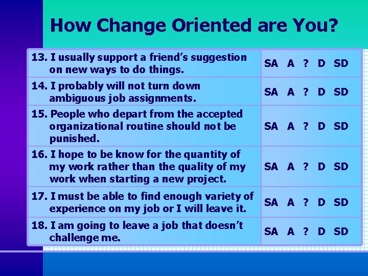 How Change Oriented are You? 13. I usually support a friend’s suggestion on new