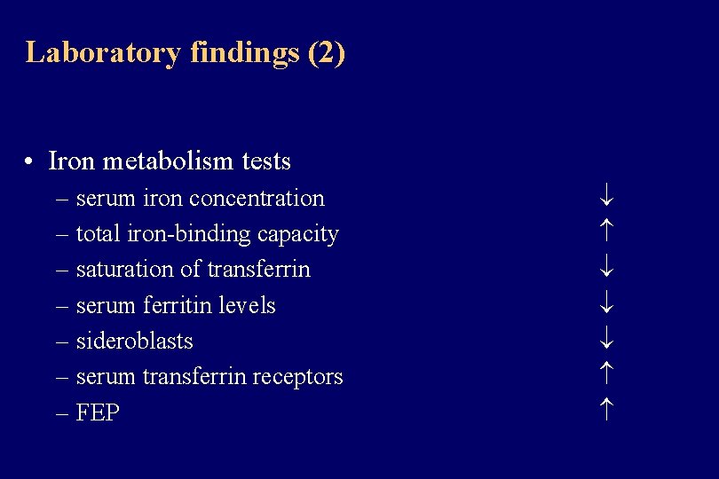 Laboratory findings (2) • Iron metabolism tests – serum iron concentration – total iron-binding