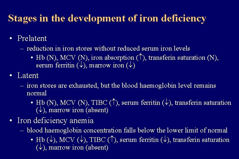 Stages in the development of iron deficiency • Prelatent – reduction in iron stores