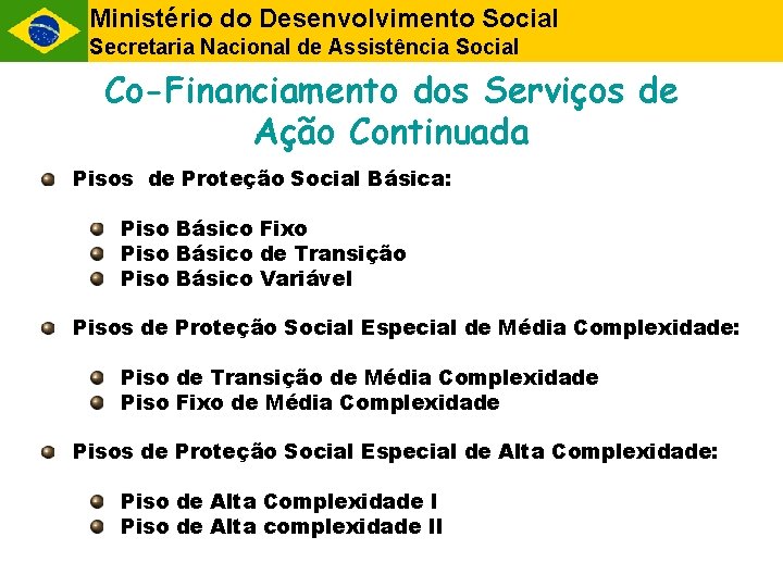 Ministério do Desenvolvimento Social Secretaria Nacional de Assistência Social Co-Financiamento dos Serviços de Ação