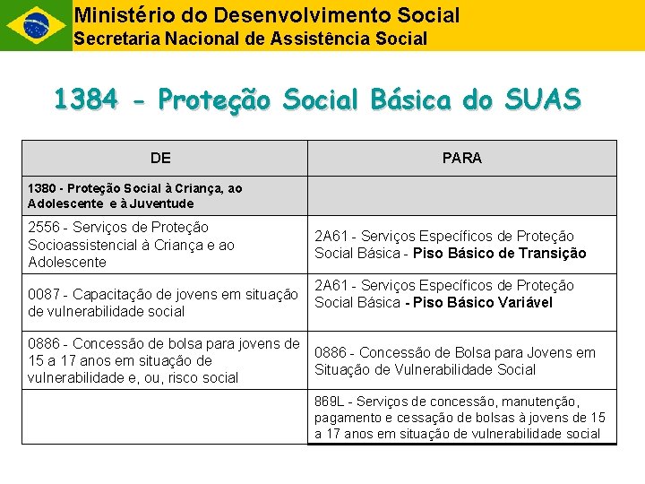 Ministério do Desenvolvimento Social Secretaria Nacional de Assistência Social 1384 - Proteção Social Básica Ministério do Desenvolvimento Social Secretaria Nacional de Assistência Social 1384 - Proteção Social Básica