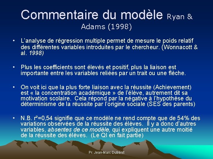 Commentaire du modèle Ryan & Adams (1998) • L’analyse de régression multiple permet de