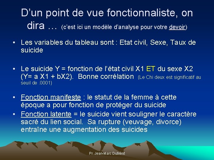 D’un point de vue fonctionnaliste, on dira … (c’est ici un modèle d’analyse pour