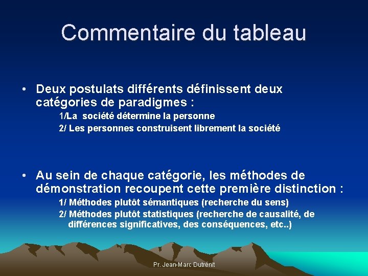 Commentaire du tableau • Deux postulats différents définissent deux catégories de paradigmes : 1/La