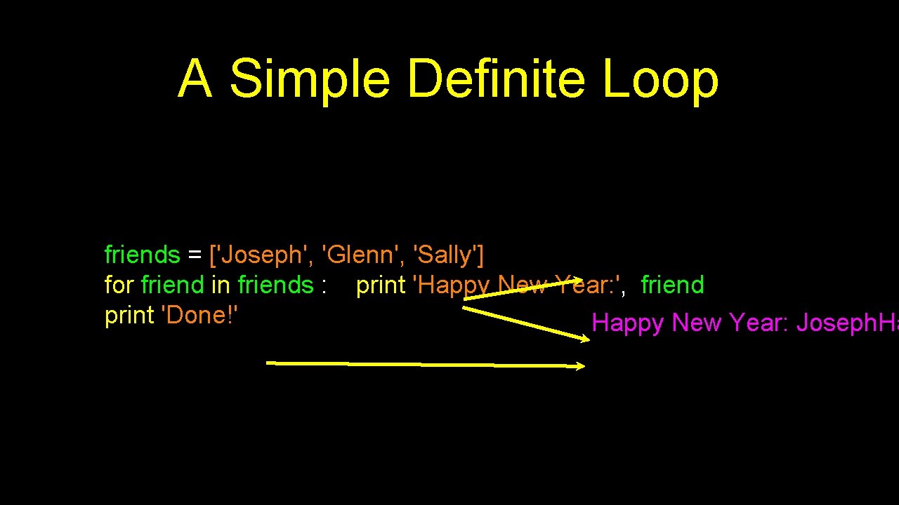 A Simple Definite Loop friends = ['Joseph', 'Glenn', 'Sally'] for friend in friends :