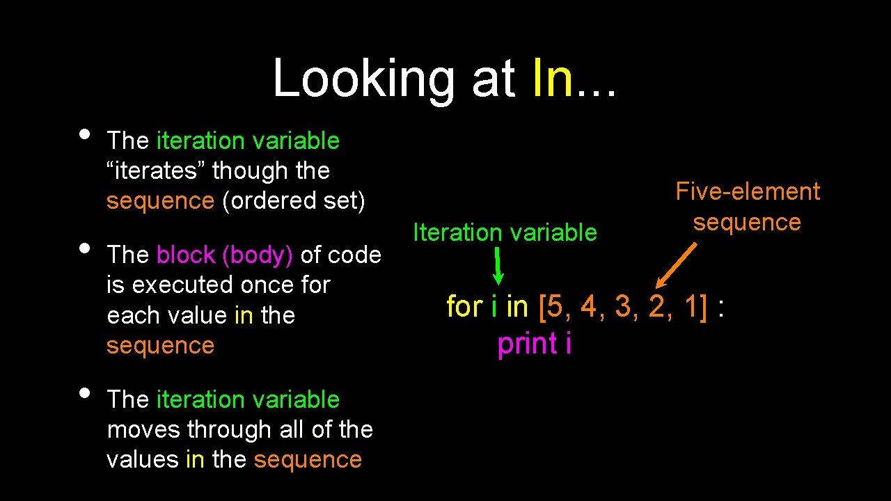 Looking at In. . . • • • The iteration variable “iterates” though the