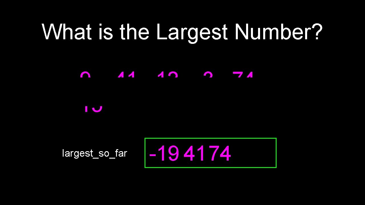 What is the Largest Number? 9 41 12 15 largest_so_far 3 74 -19 4174