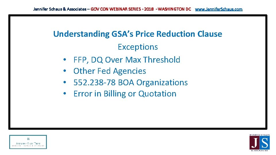 Jennifer Schaus & Associates – GOV CON WEBINAR SERIES - 2018 - WASHINGTON DC