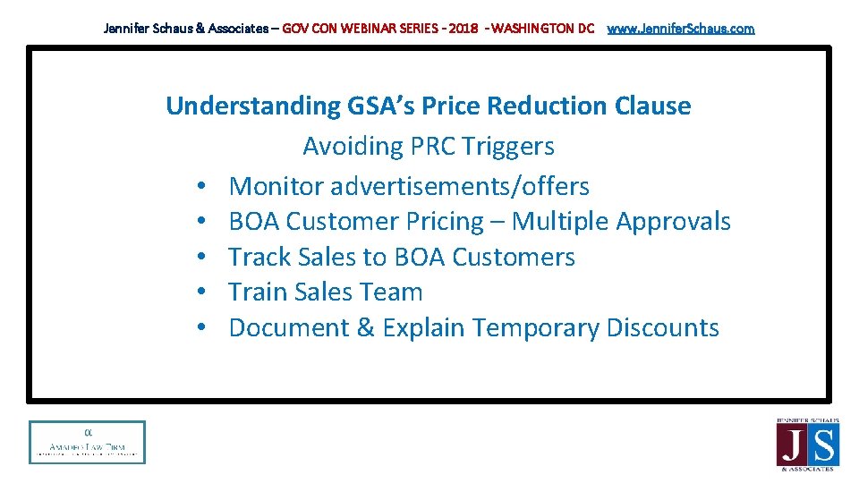 Jennifer Schaus & Associates – GOV CON WEBINAR SERIES - 2018 - WASHINGTON DC
