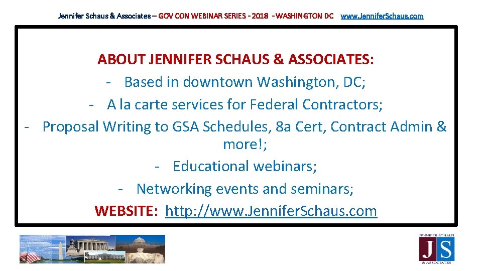 Jennifer Schaus & Associates – GOV CON WEBINAR SERIES - 2018 - WASHINGTON DC