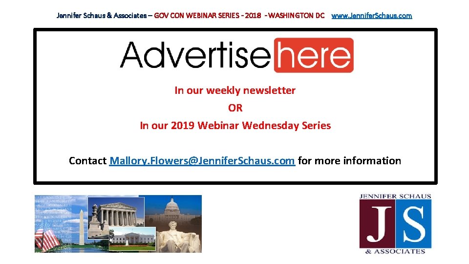 Jennifer Schaus & Associates – GOV CON WEBINAR SERIES - 2018 - WASHINGTON DC