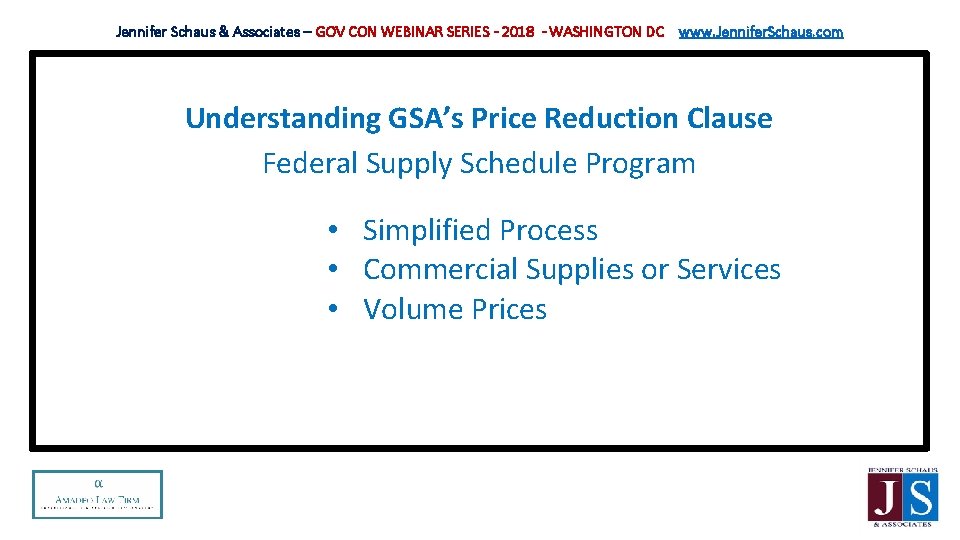 Jennifer Schaus & Associates – GOV CON WEBINAR SERIES - 2018 - WASHINGTON DC