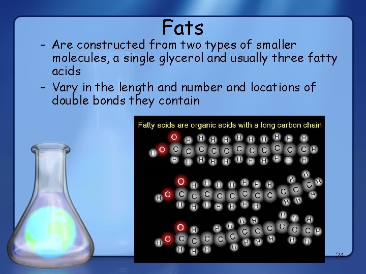 Fats – Are constructed from two types of smaller molecules, a single glycerol and