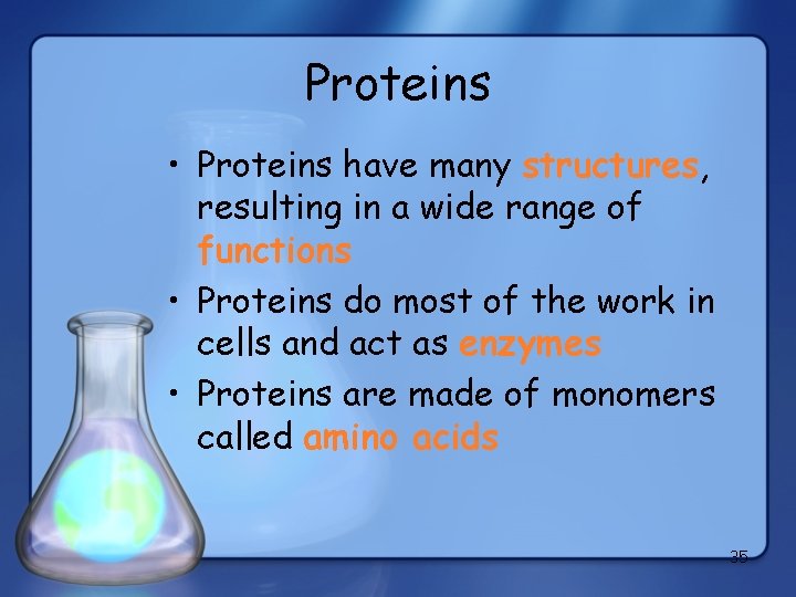 Proteins • Proteins have many structures, resulting in a wide range of functions •