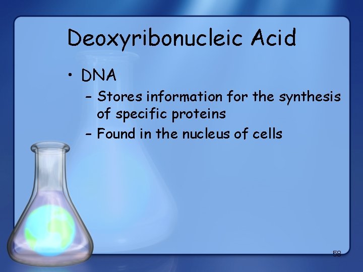 Deoxyribonucleic Acid • DNA – Stores information for the synthesis of specific proteins –