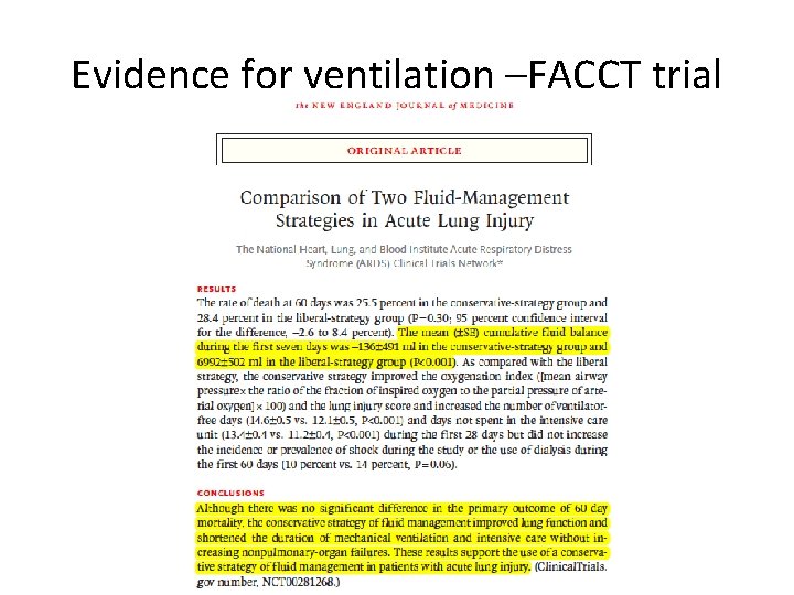Evidence for ventilation –FACCT trial 