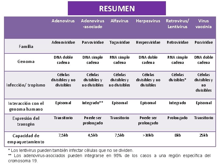 RESUMEN Adenovirus -asociado Alfavirus Herpesvirus Retrovirus/ Lentivirus Virus vaccinia Adenoviridae Parvoviridae Togaviridae Herpesviridae Retroviridae