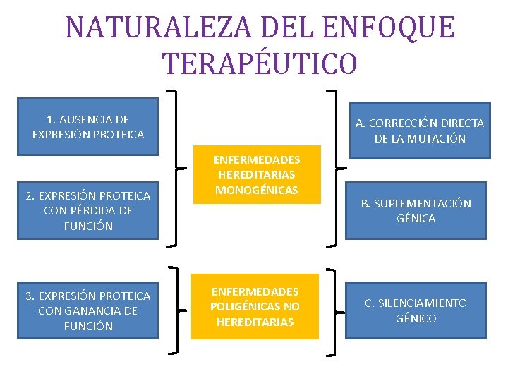 NATURALEZA DEL ENFOQUE TERAPÉUTICO 1. AUSENCIA DE EXPRESIÓN PROTEICA 2. EXPRESIÓN PROTEICA CON PÉRDIDA