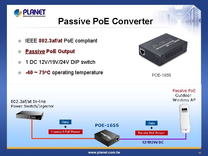  Passive Po. E Converter u IEEE 802. 3 af/at Po. E compliant u