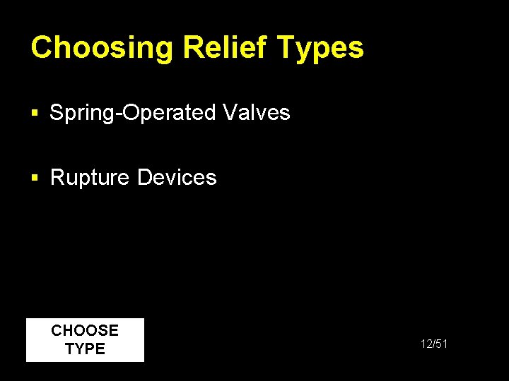 Choosing Relief Types § Spring-Operated Valves § Rupture Devices CHOOSE TYPE 12/51 